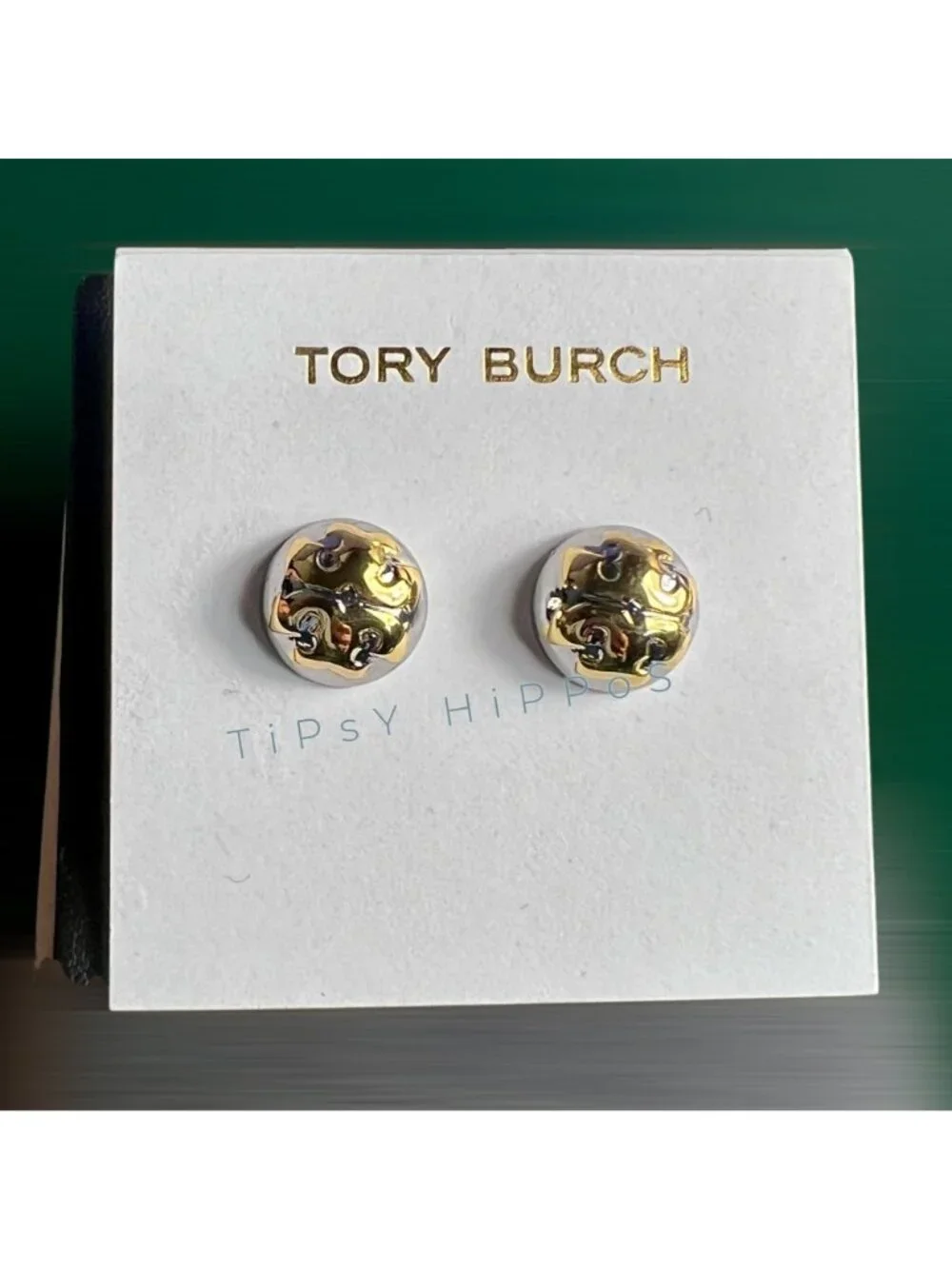 NEW!  Tory Burch Silver and Gold Logo Stud Earrings